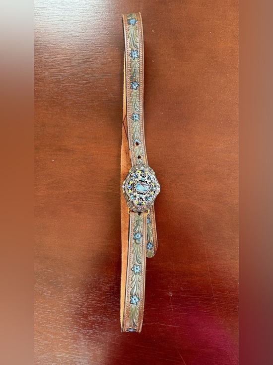beth frank Accessories - Embellished Brown Leather Women's Belt with Floral Concho